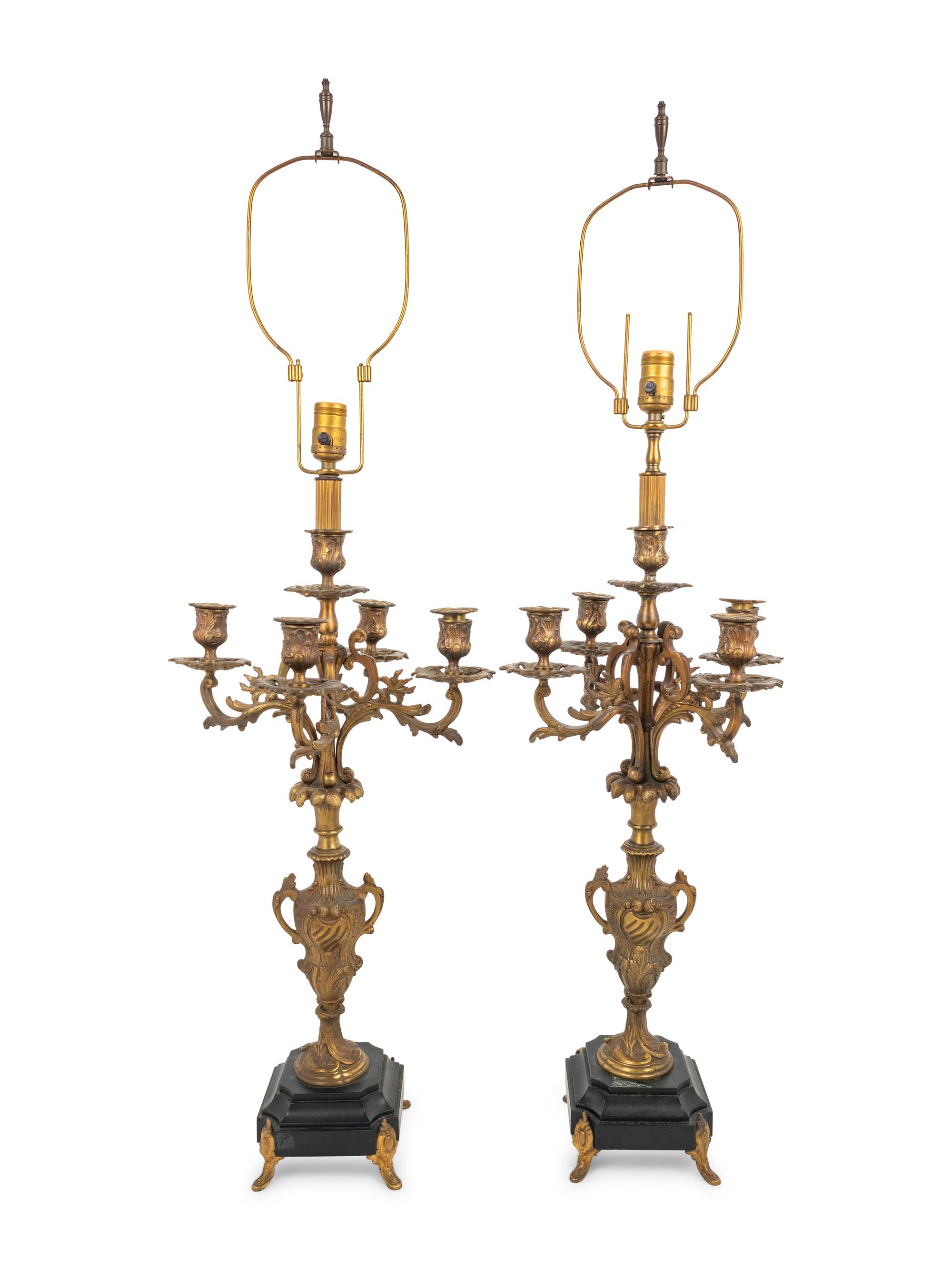 A Pair of French Gilt Metal Five-Light Candelabra Mounted as Lamps