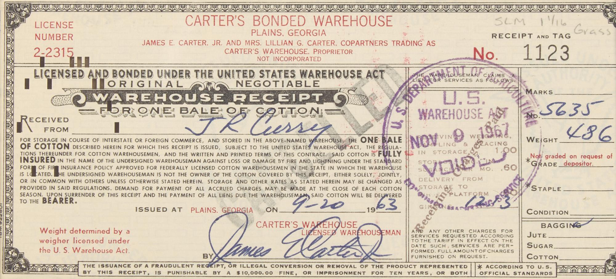 [Presidential] Carter, Jimmy. Signed photograph and signed receipt