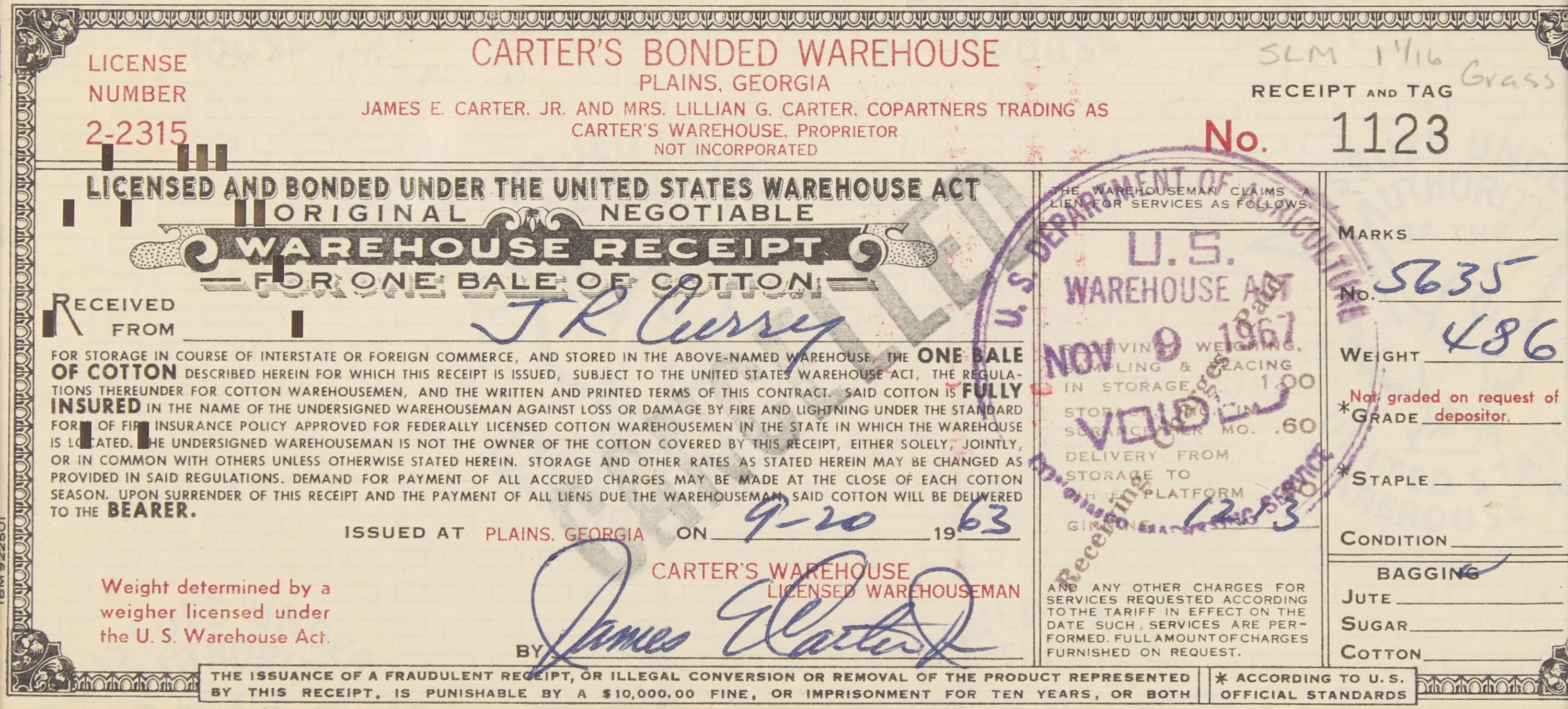 [Presidential] Carter, Jimmy. Signed photograph and signed receipt