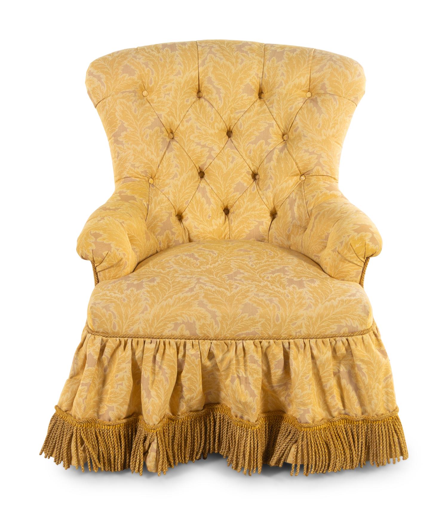 A Custom Button-Tufted Upholstered Armchair with Bullion Fringe