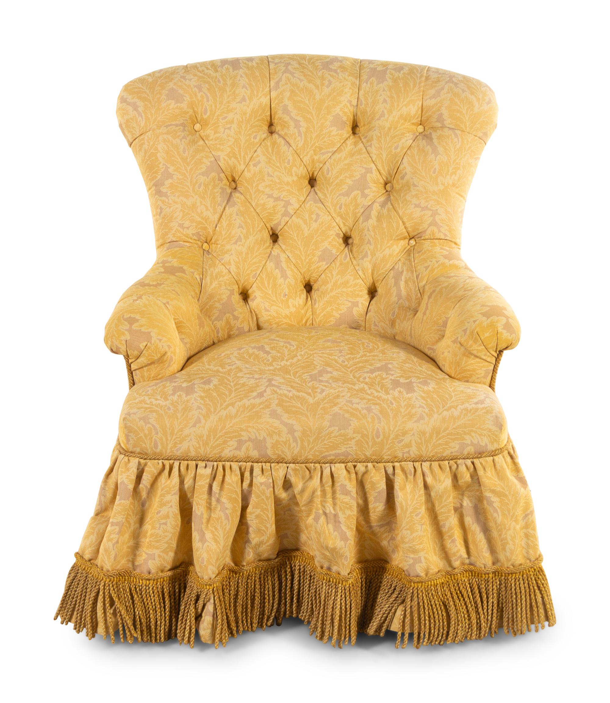 A Custom Button-Tufted Upholstered Armchair with Bullion Fringe