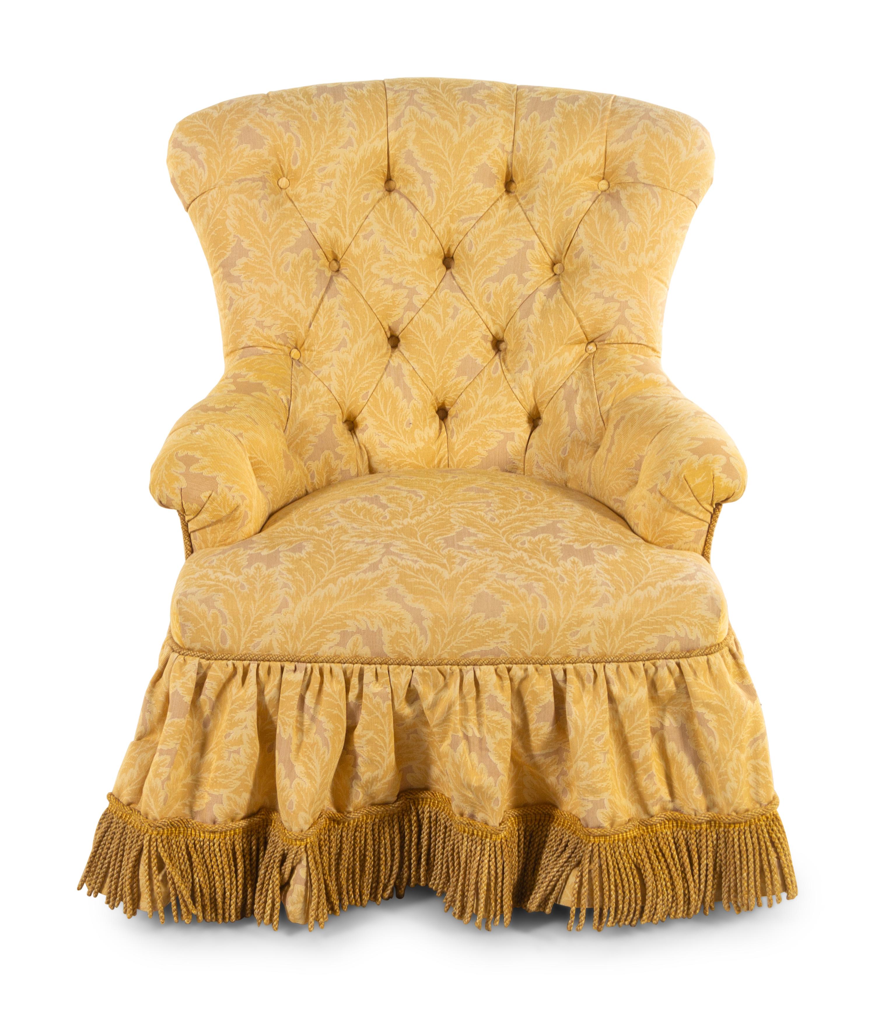 A Custom Button-Tufted Upholstered Armchair with Bullion Fringe