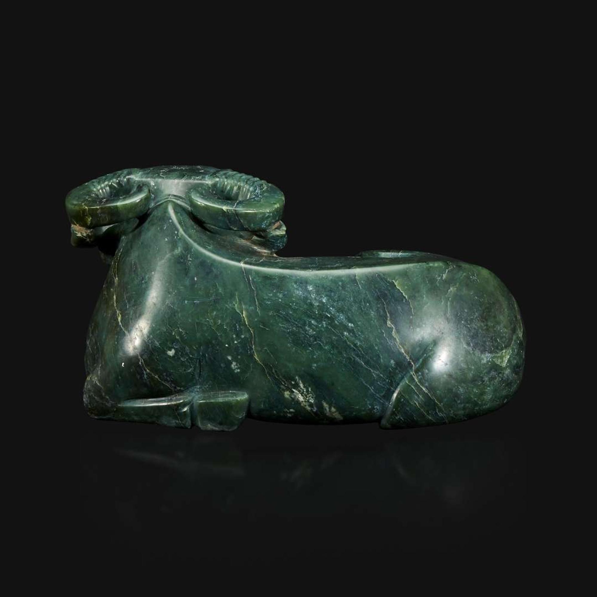 A large Chinese spinach jade recumbent water buffalo 菠菜绿玉水牛