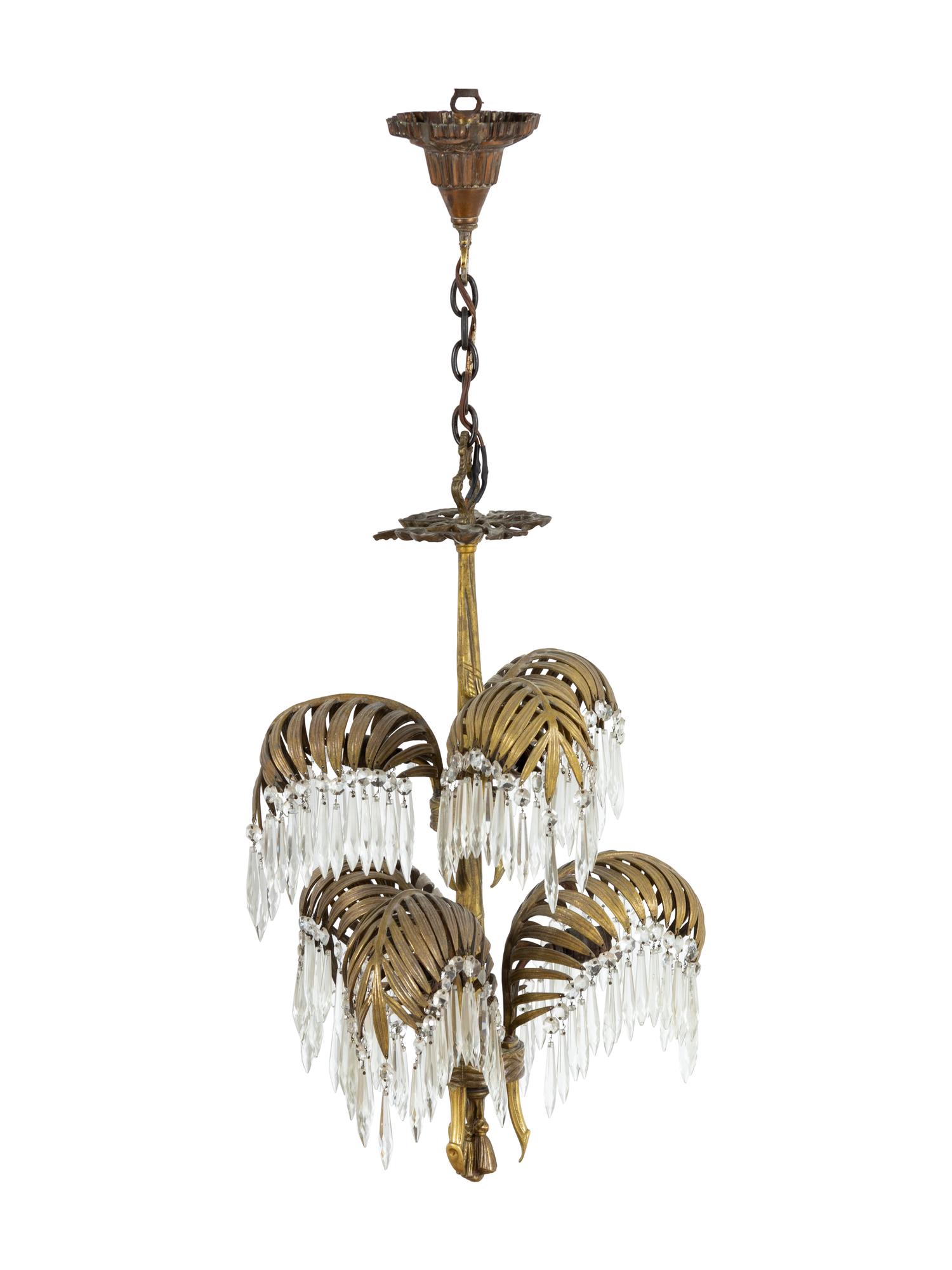A Neoclassical Brass and Cut-Glass Six-Light Palm-Leaf Ceiling Fixture