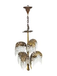 A Neoclassical Brass and Cut-Glass Six-Light Palm-Leaf Ceiling Fixture