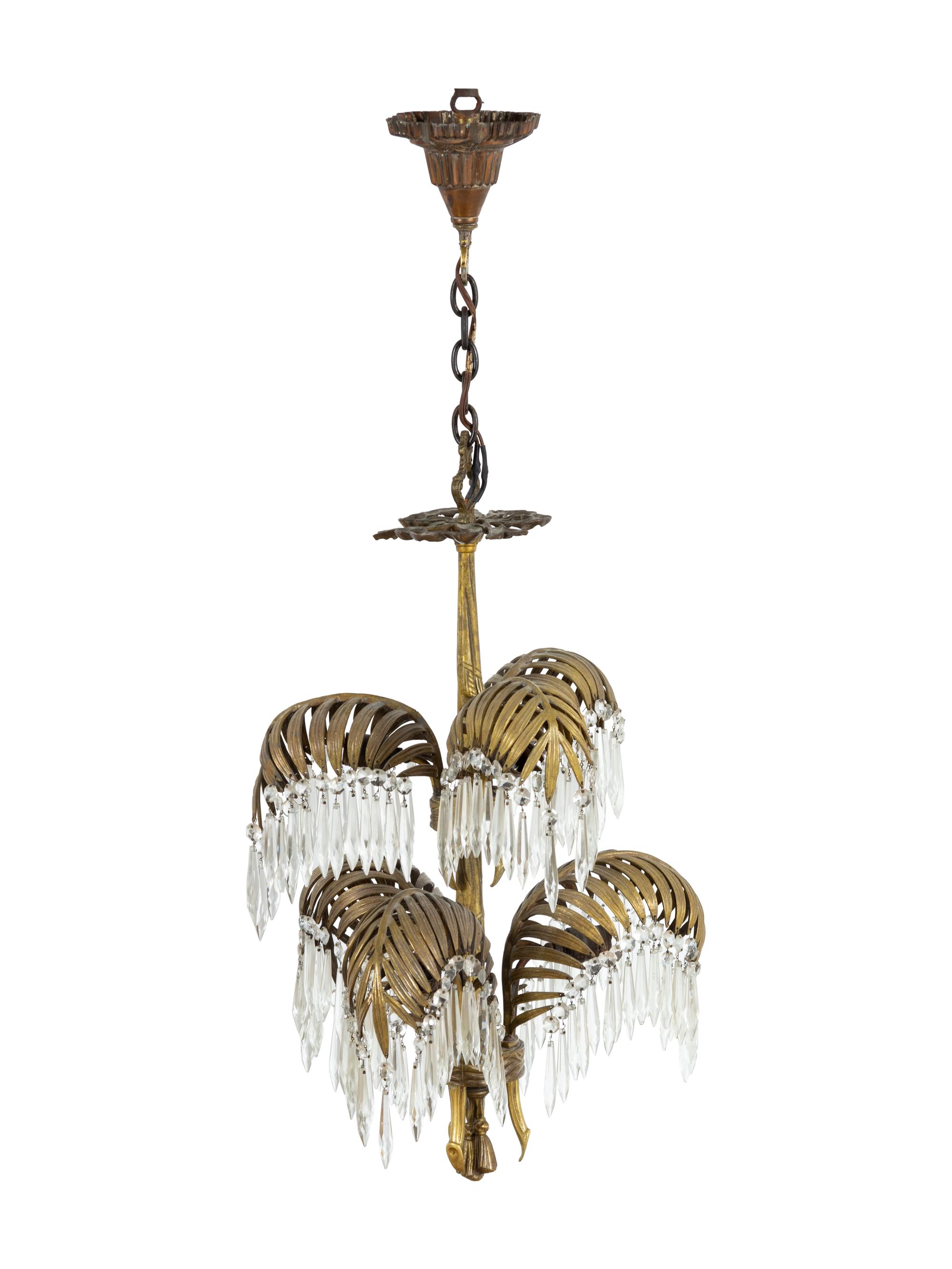 A Neoclassical Brass and Cut-Glass Six-Light Palm-Leaf Ceiling Fixture