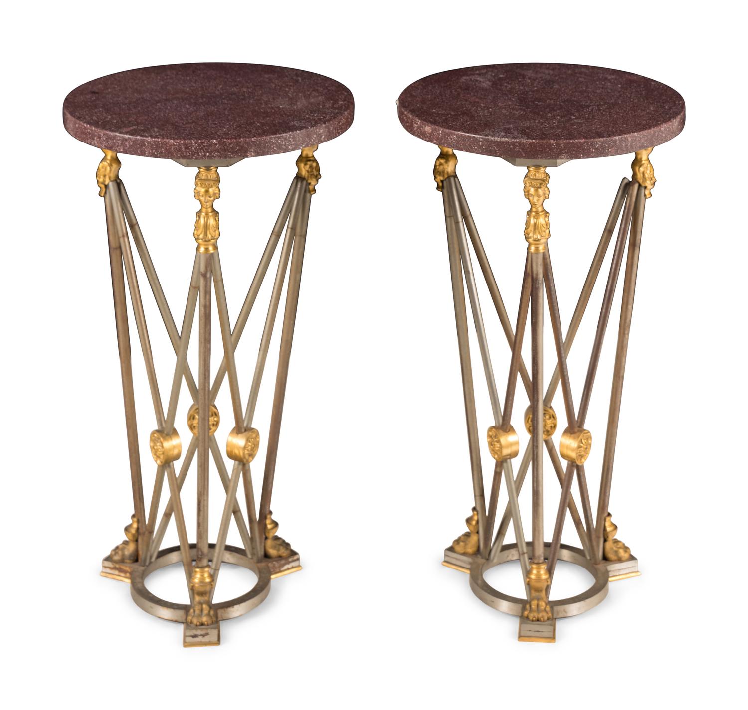 A Pair of Empire Style Gilt Bronze, Steel and Faux Porphyry Guéridons