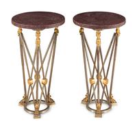 A Pair of Empire Style Gilt Bronze, Steel and Faux Porphyry Guéridons