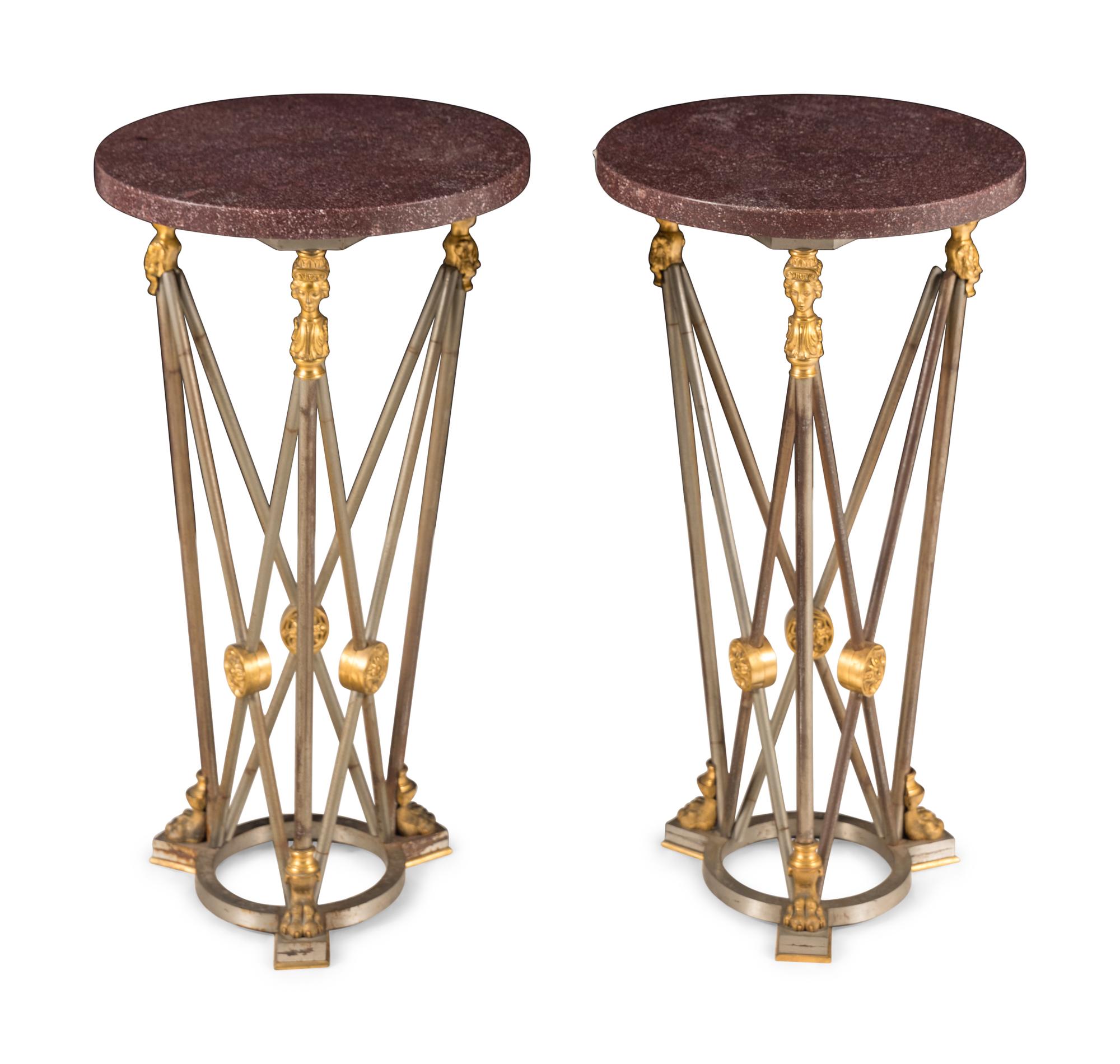 A Pair of Empire Style Gilt Bronze, Steel and Faux Porphyry Guéridons