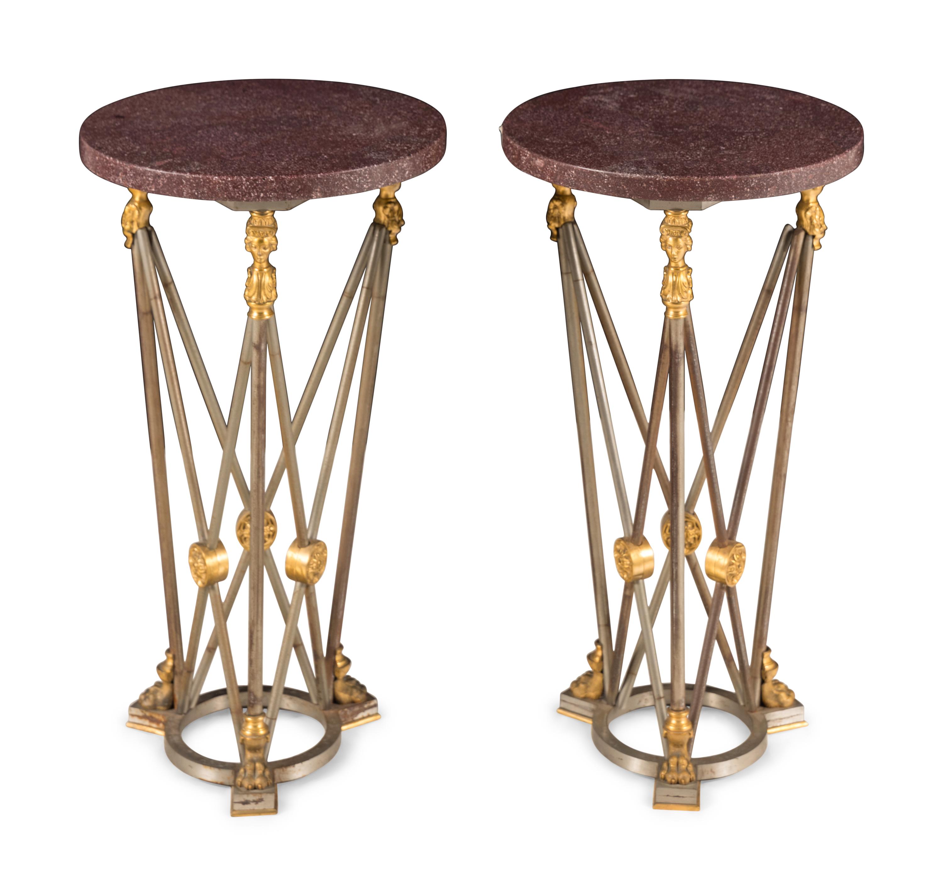A Pair of Empire Style Gilt Bronze, Steel and Faux Porphyry Guéridons