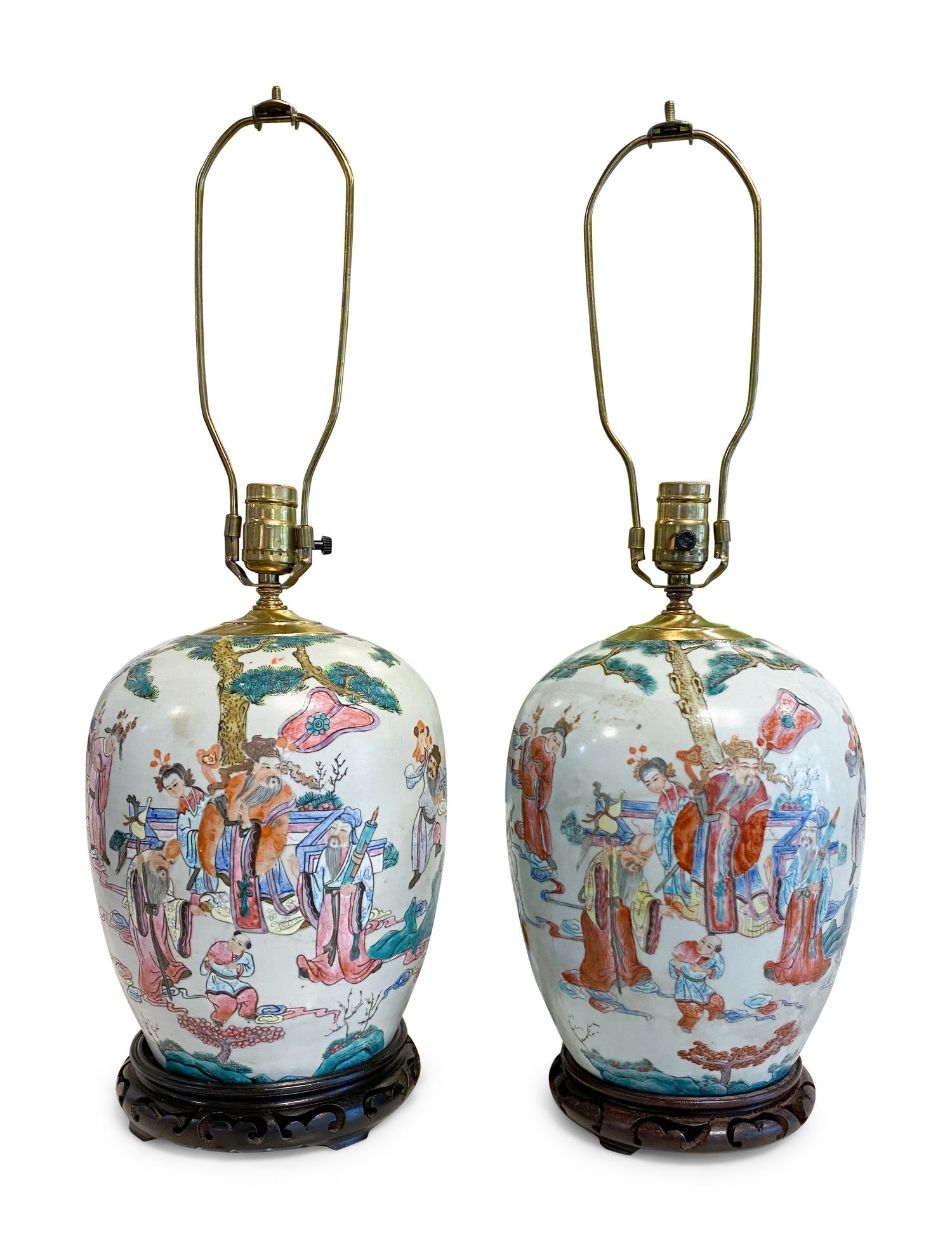 A Pair of Famille Verte Porcelain Jars Mounted as Lamps