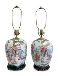 A Pair of Famille Verte Porcelain Jars Mounted as Lamps