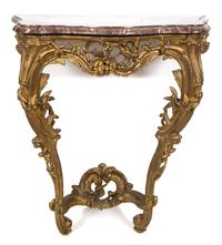 A French Carved and Gilt Console Table Height 34 1/2 x width 31 x depth 19 1/4 inches. — 18TH CENTURY