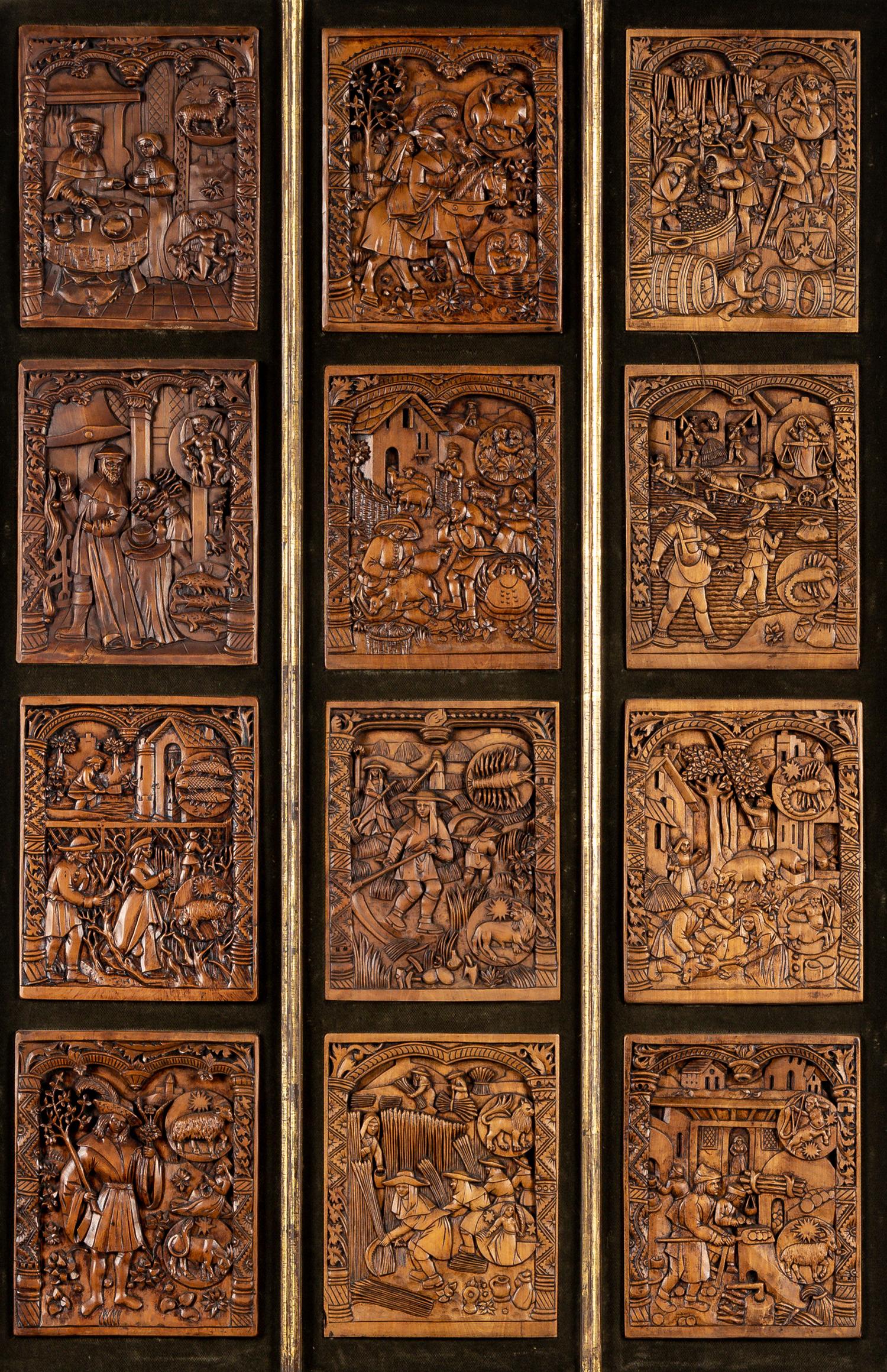 Twelve Continental Carved Relief Panels Depicting Signs of the Zodiac