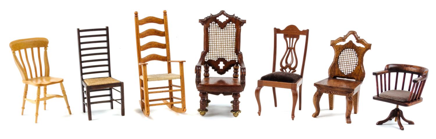 An Assembled Group of Seven Chairs Height of tallest 4 x width 1 7/8 x depth 1 7/8 inches. — Various Makers
