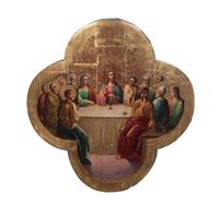 An Eastern European Quatrefoil Form Painted Icon 16 1/4 x 16 1/4 inches.