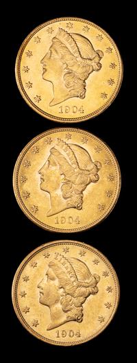 Three United States 1904 Liberty Head $20 Gold Coins