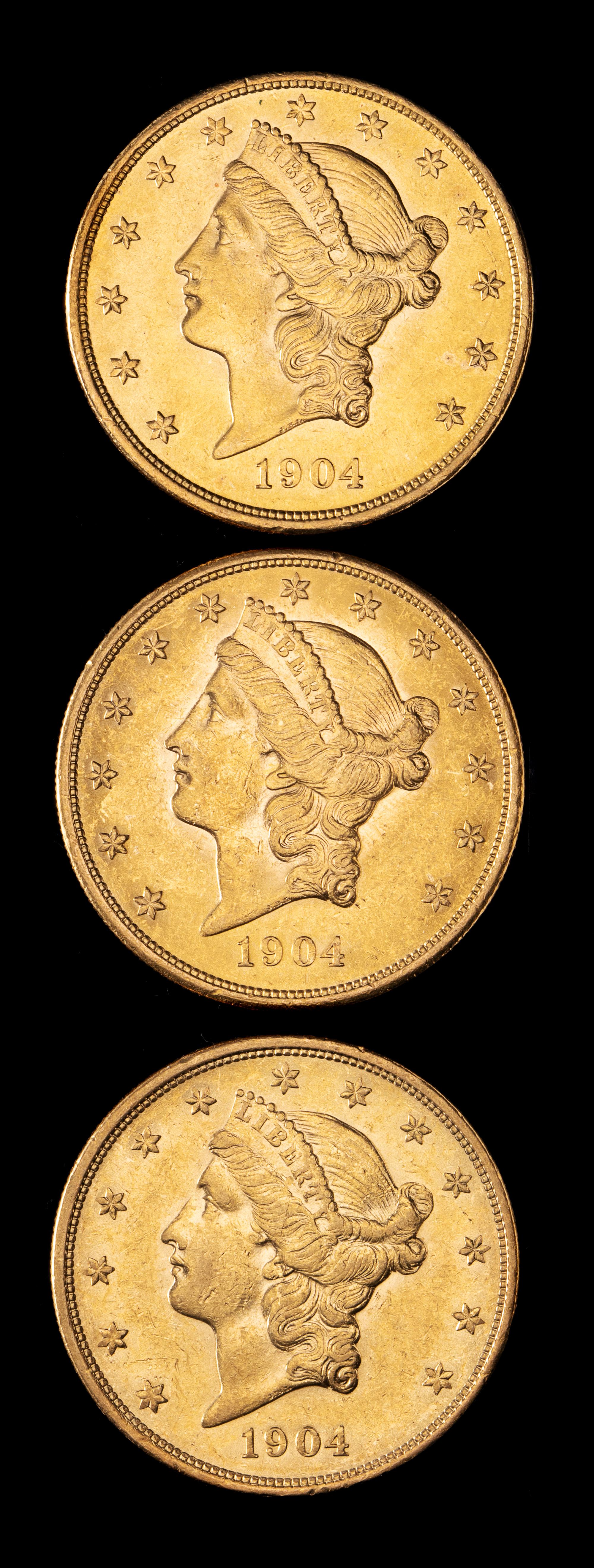 Three United States 1904 Liberty Head $20 Gold Coins