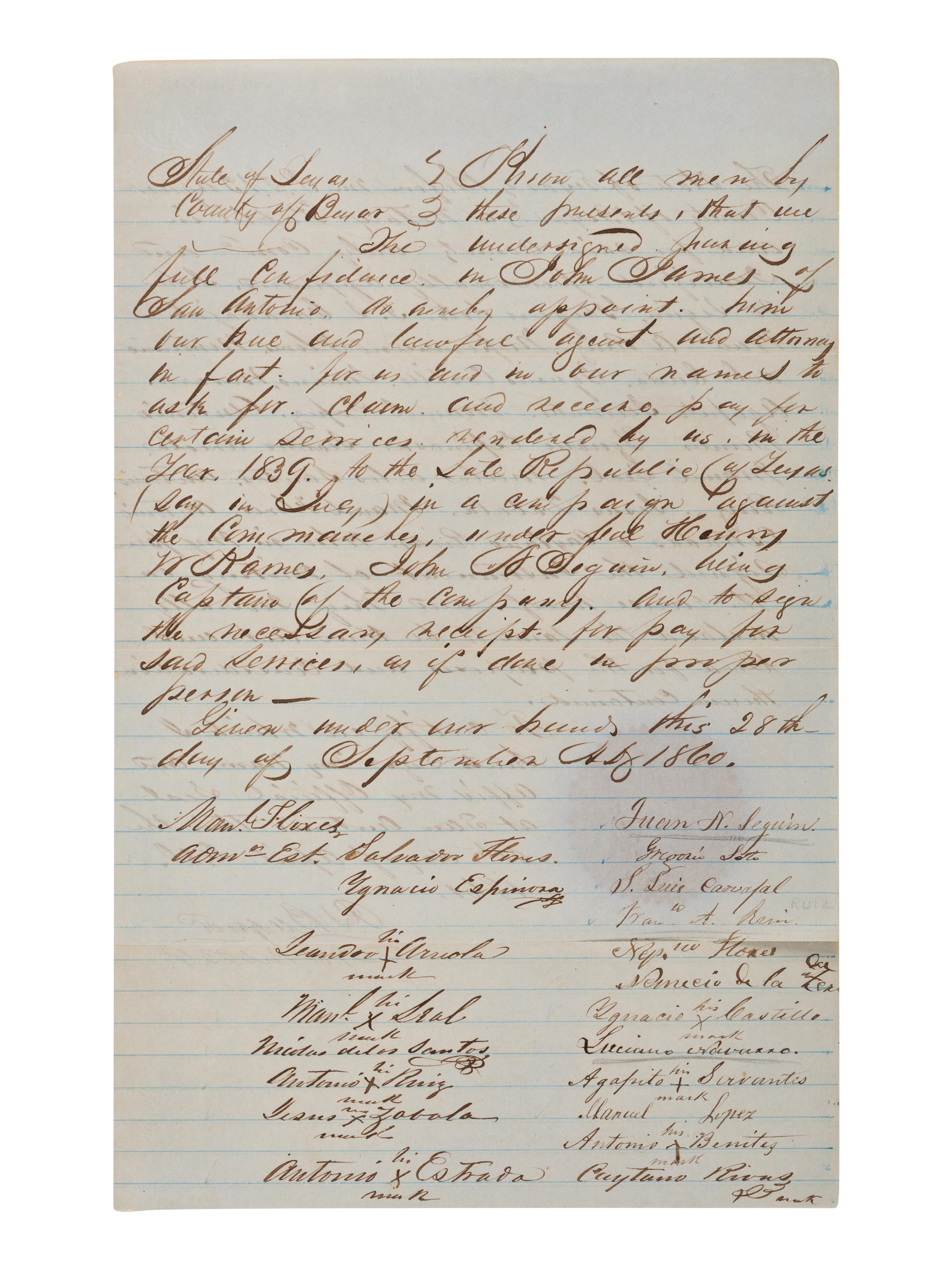 [TEXAS]. SEGUIN, Juan, et al. Manuscript power of attorney, in the hand of John James, signed by Seguin and 19 Tejanos, notarized by P. L. Buquet with his purple paper seal. Bexar County, Texas. 28 September 1860.