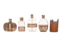 A Group of Five Silver, Reed and Snakeskin Mounted Flasks