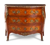 A Louis XV Style Gilt Bronze Mounted Marquetry Marble-Top Commode