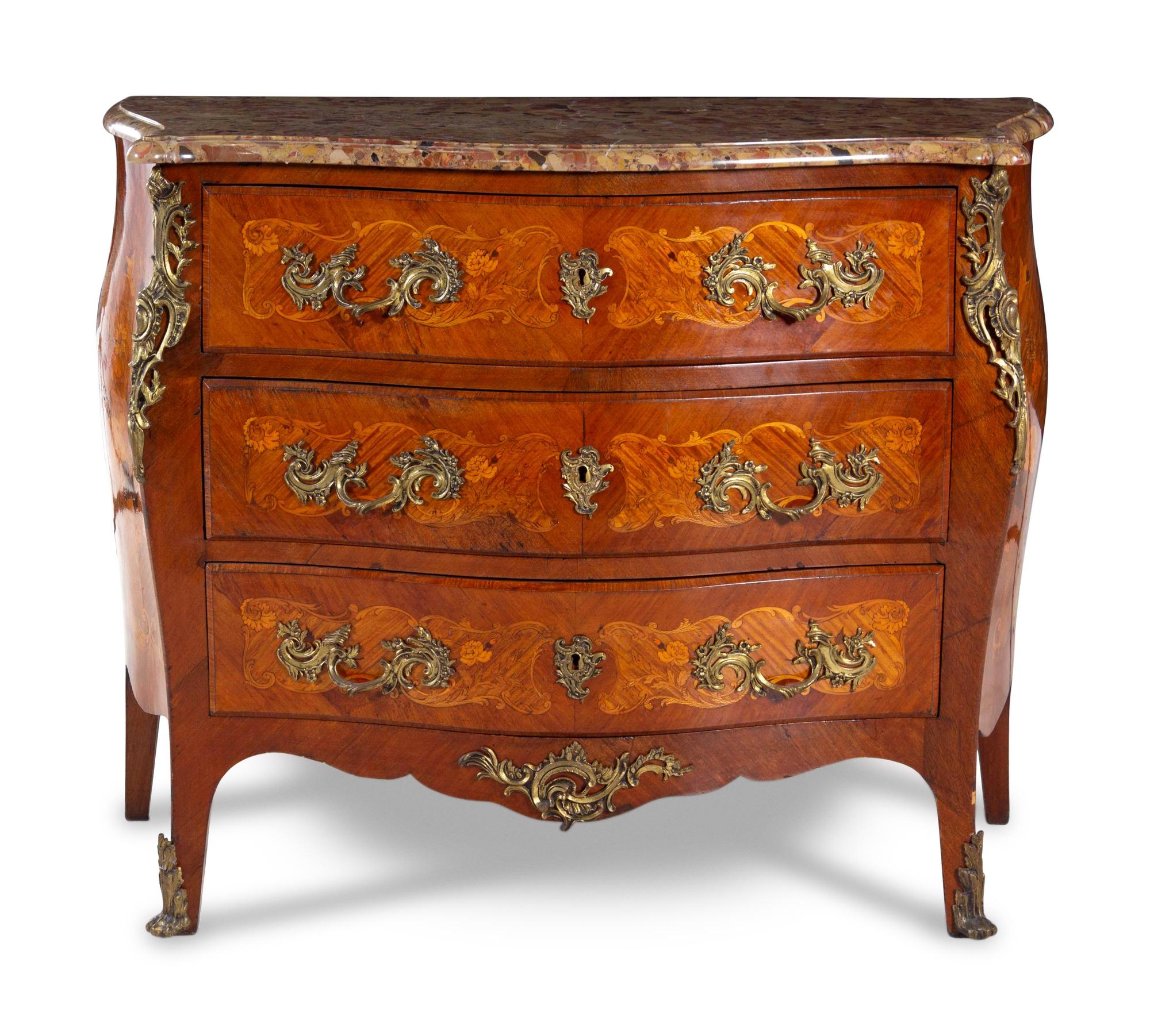 A Louis XV Style Gilt Bronze Mounted Marquetry Marble-Top Commode