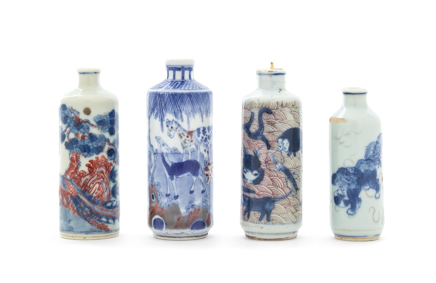 Four Underglaze Red and Blue Porcelain Snuff Bottles Height of tallest 3 5/8 inches. — 19TH CENTURY