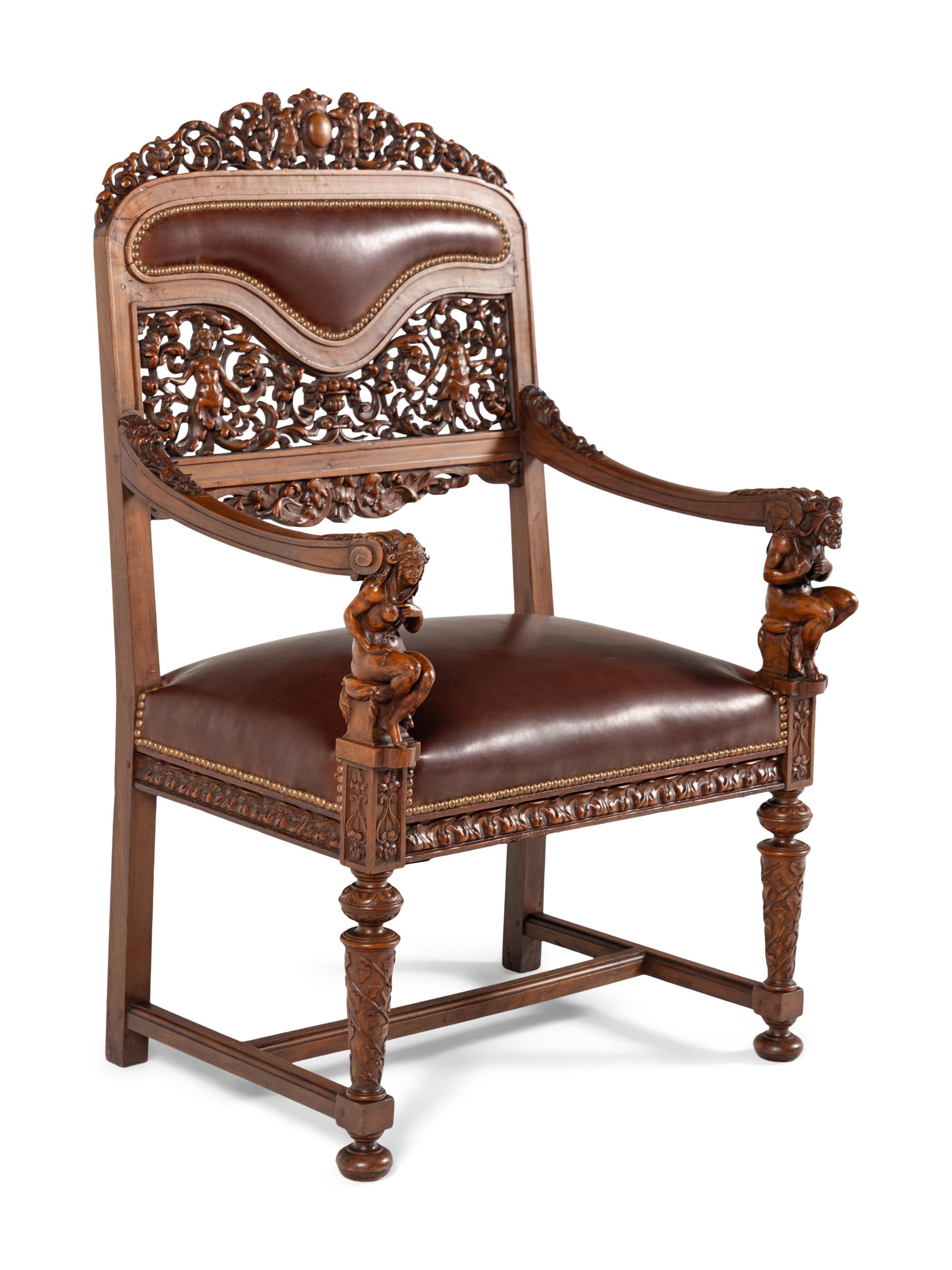 An Italian Renaissance Revival Carved Walnut Throne Chair