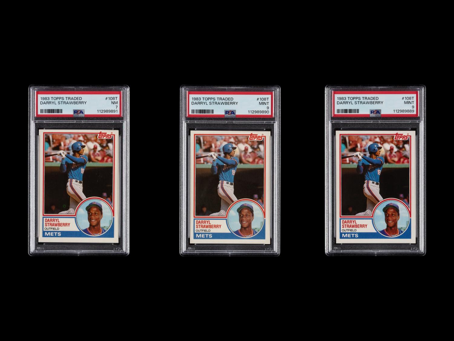 A Group of Three 1983 Topps Traded Darryl Strawberry Rookie Baseball Cards No. 108T (PSA 9 x2; PSA 7)