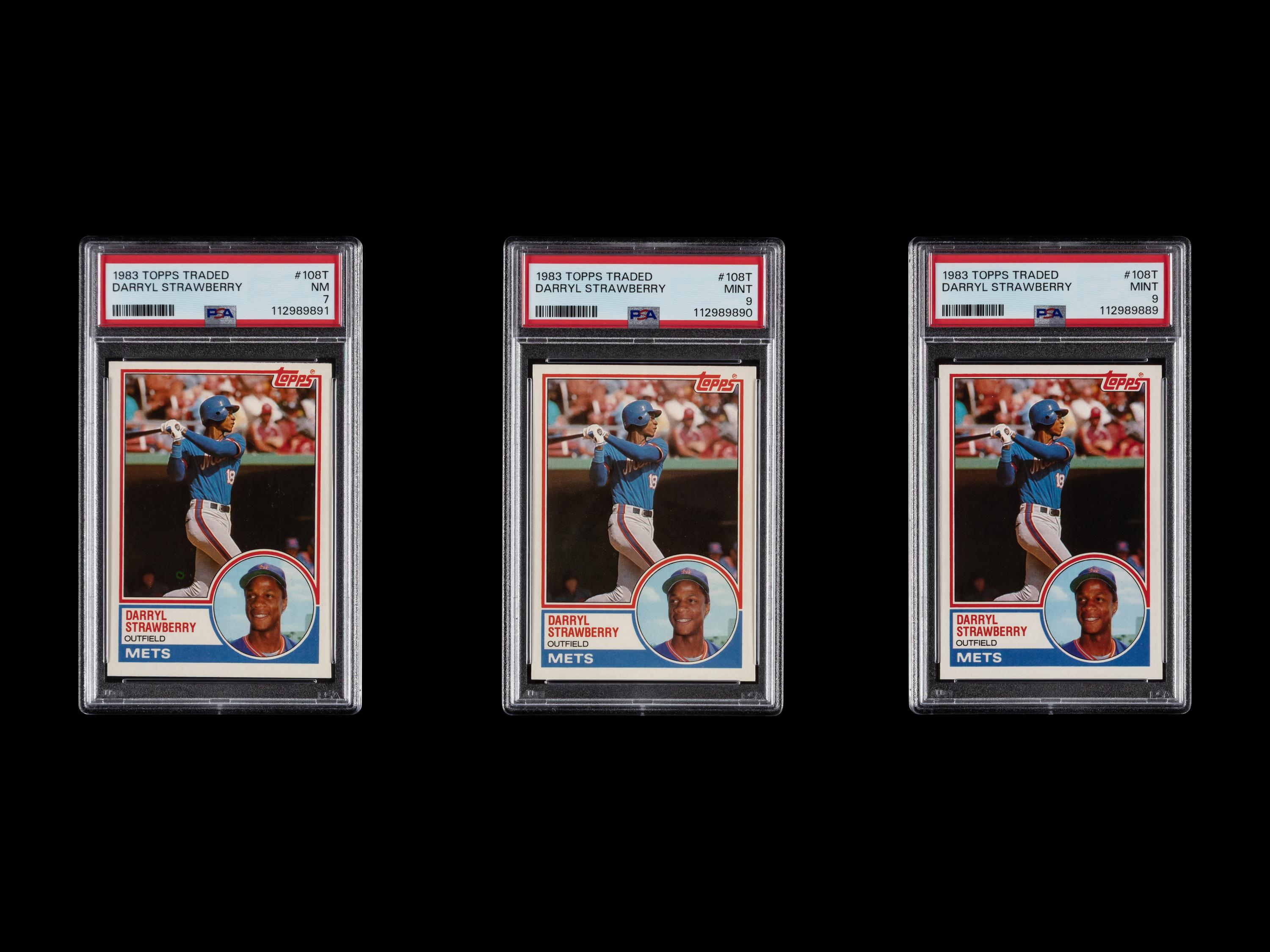 A Group of Three 1983 Topps Traded Darryl Strawberry Rookie Baseball Cards No. 108T (PSA 9 x2; PSA 7)