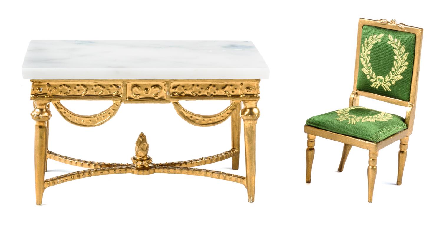Two French Style Furniture Articles Height of table 2 7/8 x width 4 3/4 x depth 2 1/2 inches.