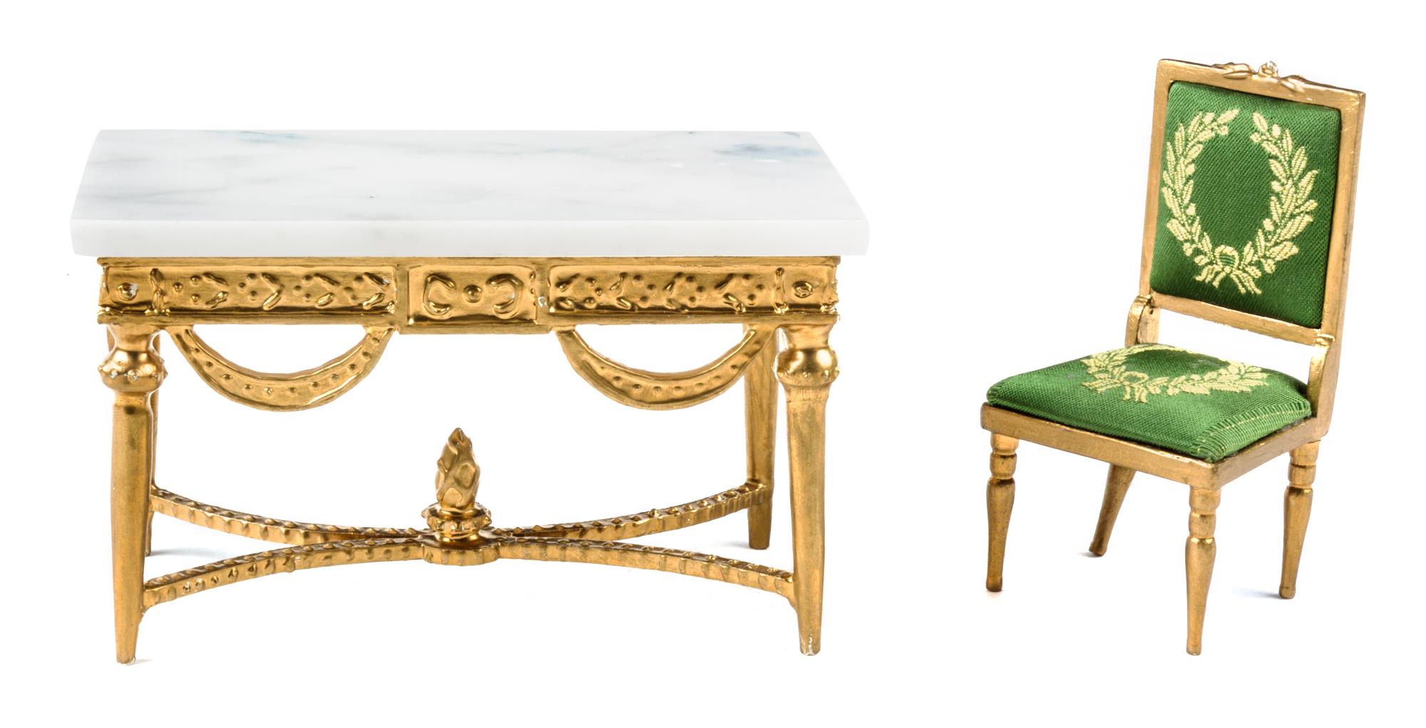 Two French Style Furniture Articles Height of table 2 7/8 x width 4 3/4 x depth 2 1/2 inches.