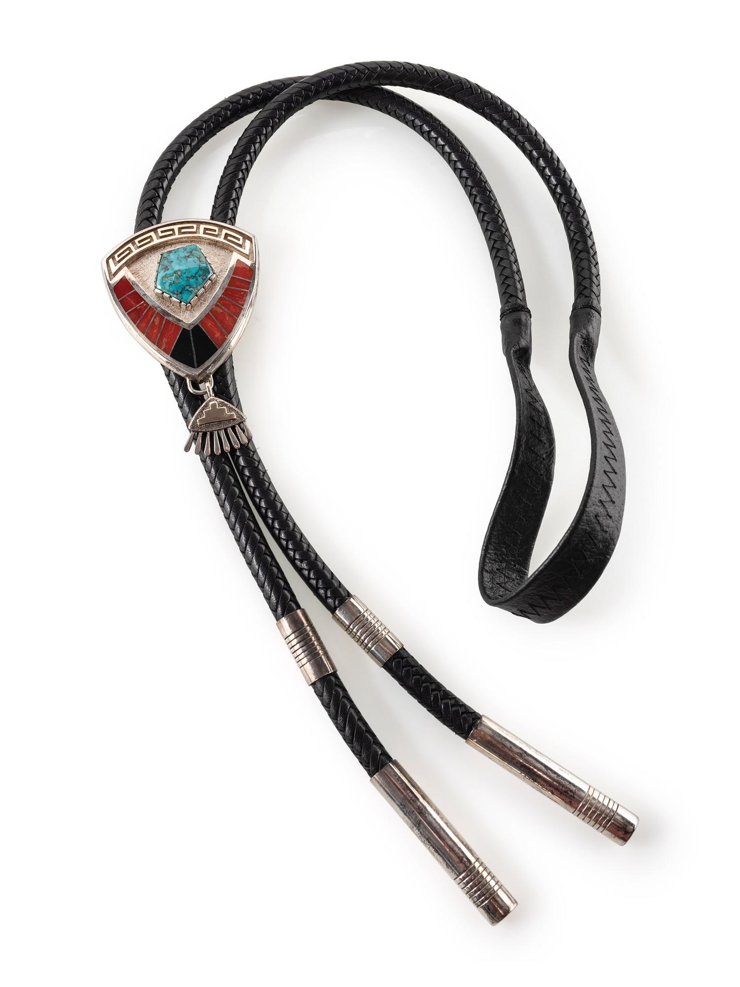 Sterling Silver Bolo Tie, Set with Turquoise, Coral, and Iron Wood with 14k Gold Accents
