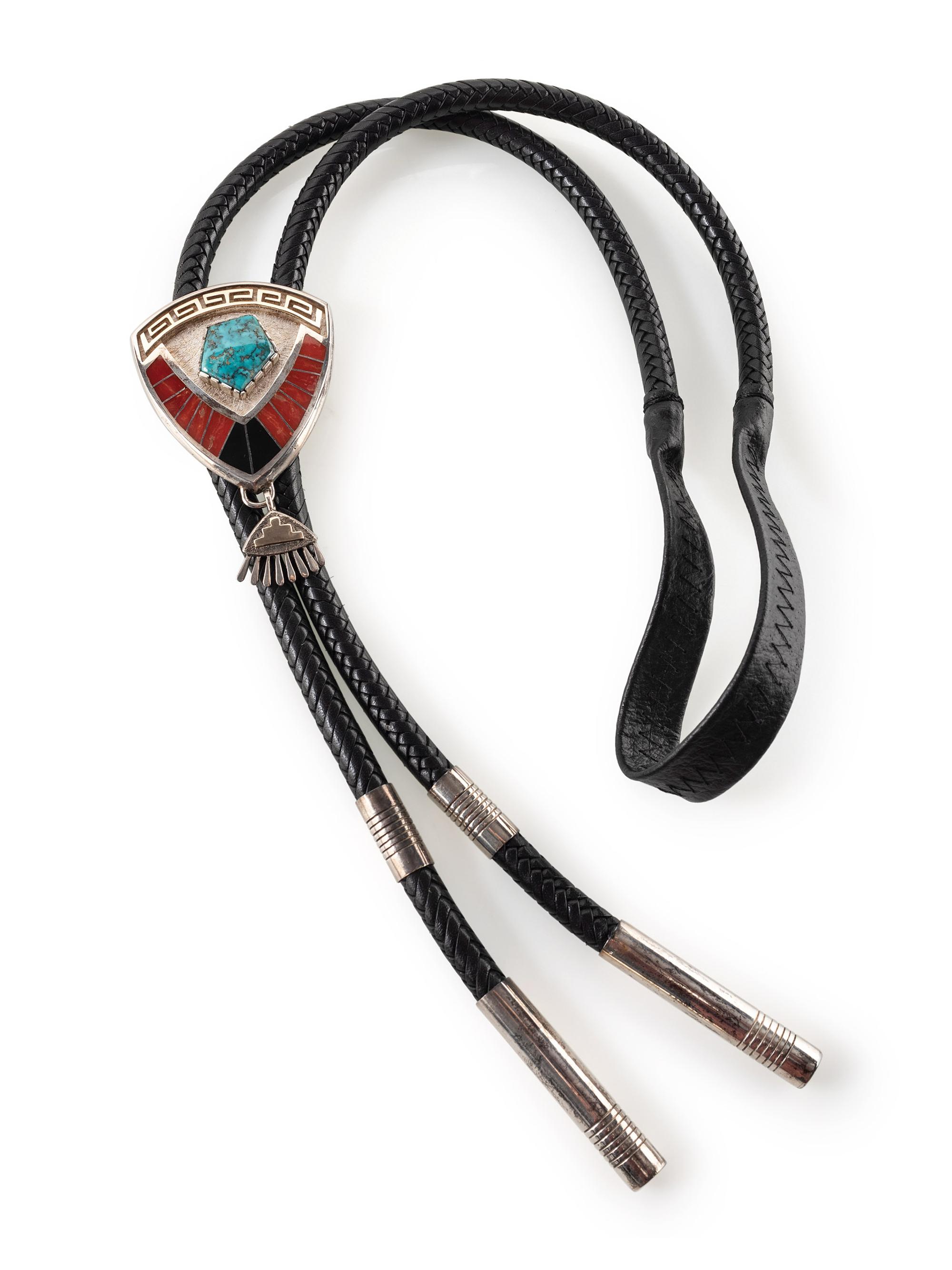 Sterling Silver Bolo Tie, Set with Turquoise, Coral, and Iron Wood with 14k Gold Accents