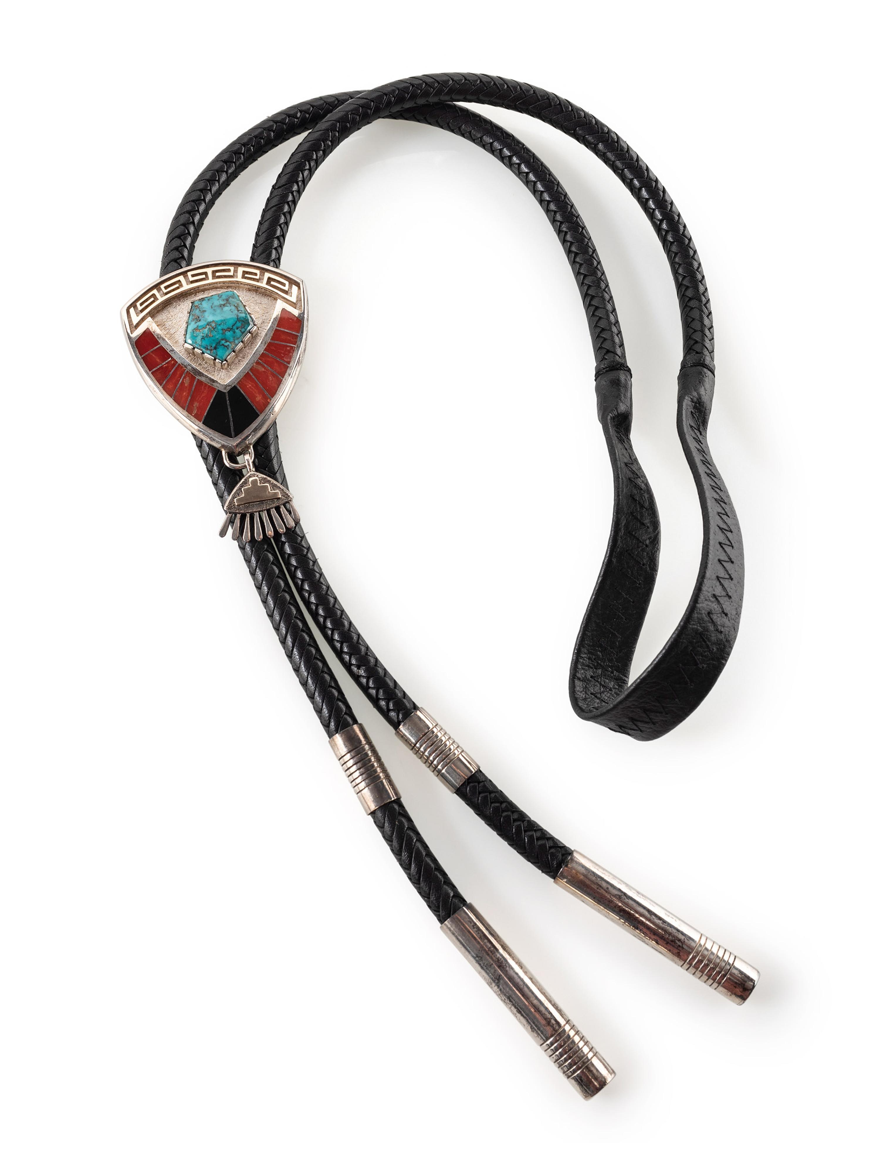 Sterling Silver Bolo Tie, Set with Turquoise, Coral, and Iron Wood with 14k Gold Accents