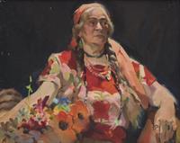 Ralph Von Lehmden (American, b. 1908) — Seated Woman with Flowers