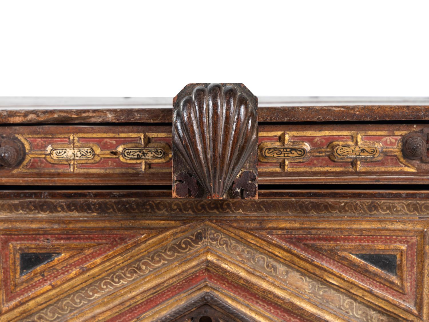A Spanish Iron Mounted Red-Stained and Parcel-Gilt Walnut Vargueno Base