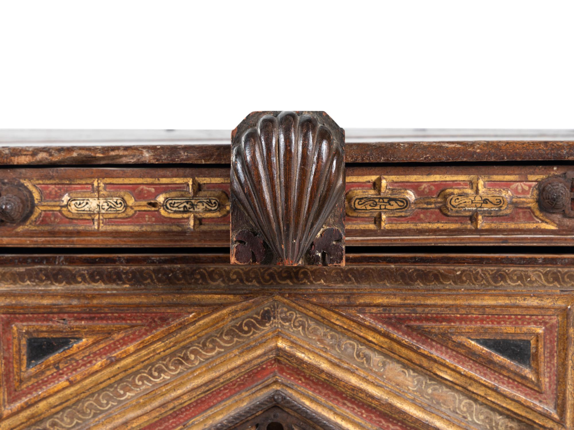 A Spanish Iron Mounted Red-Stained and Parcel-Gilt Walnut Vargueno Base