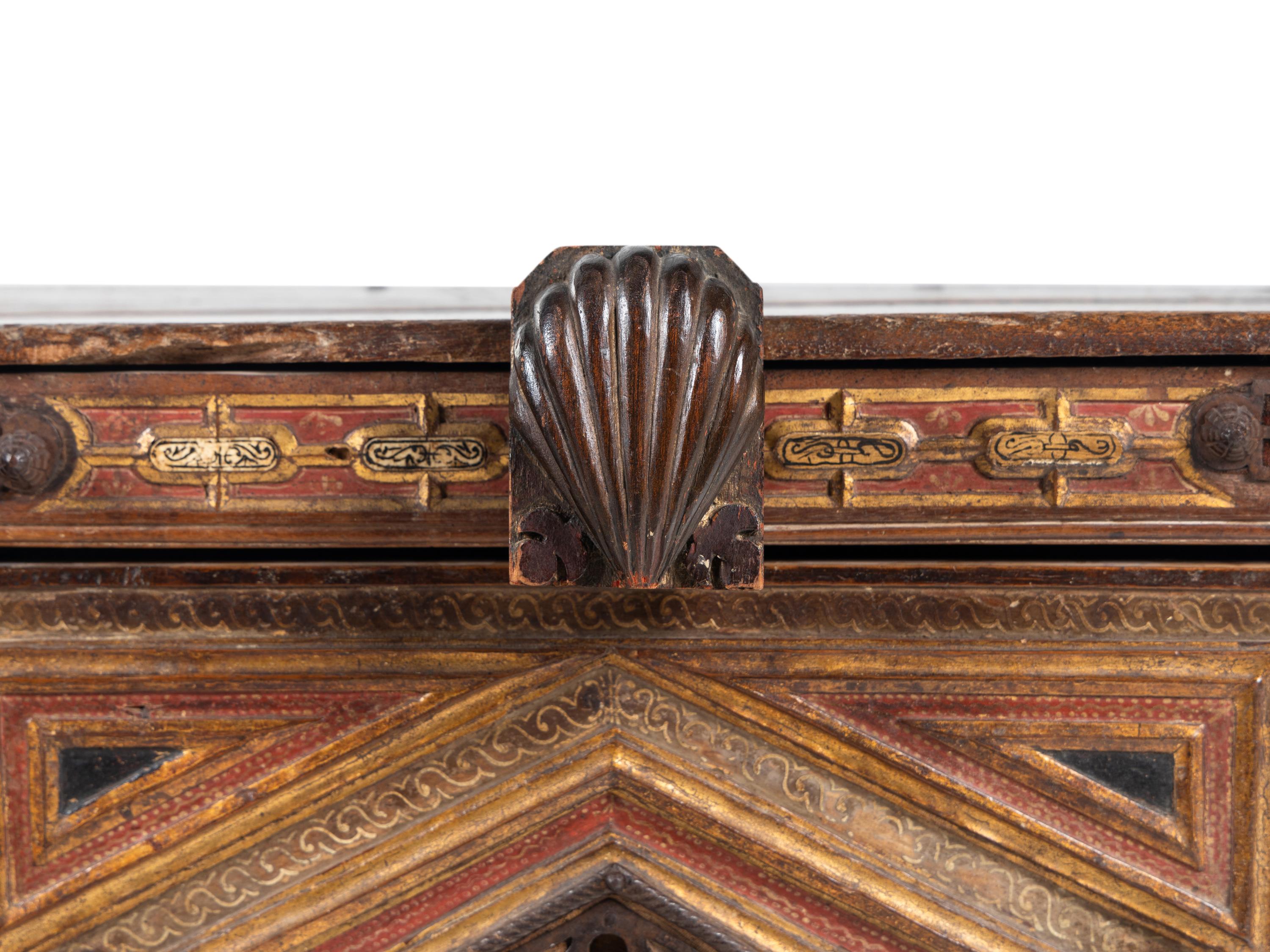 A Spanish Iron Mounted Red-Stained and Parcel-Gilt Walnut Vargueno Base