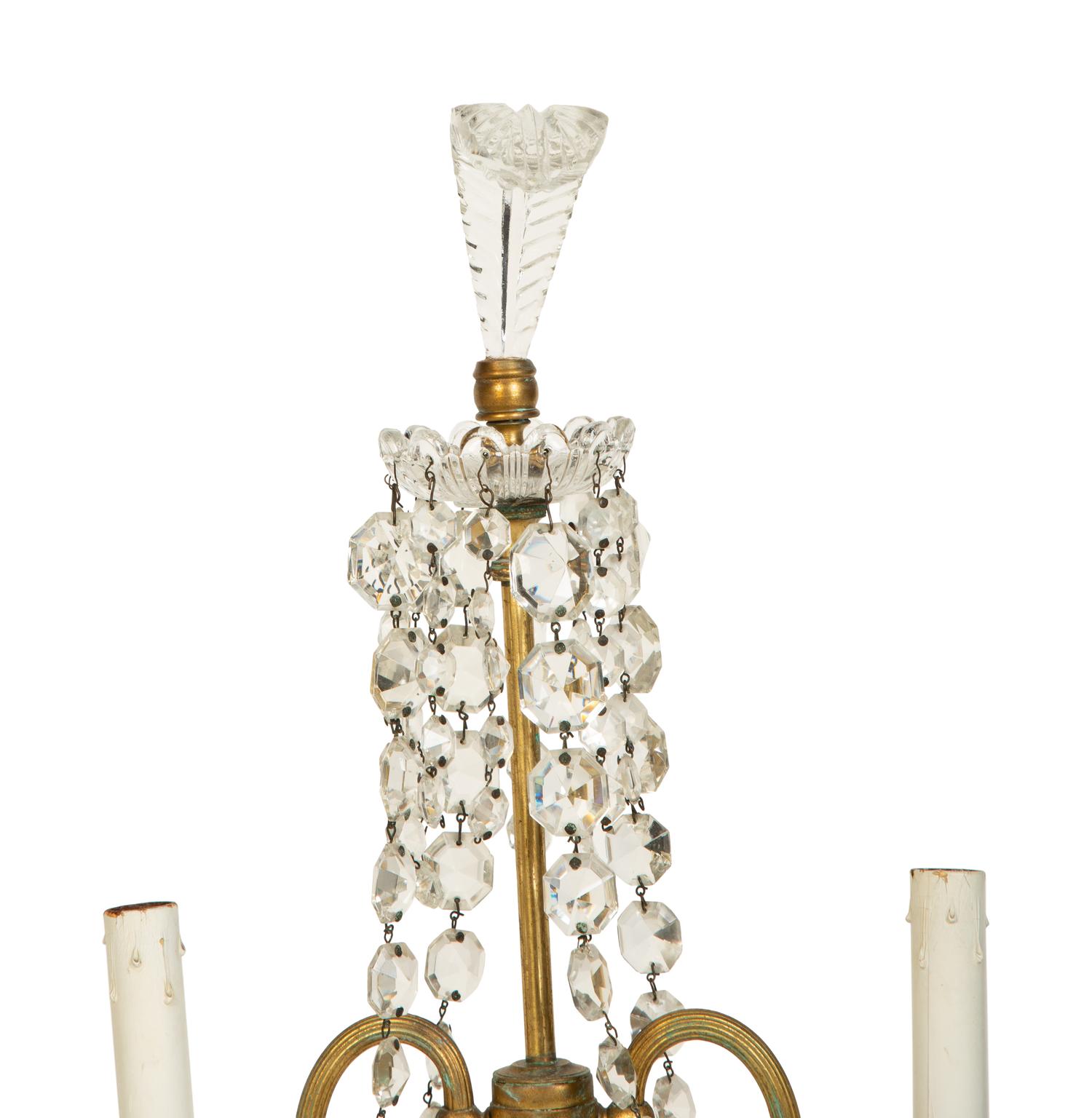A Pair of Continental Gilt Metal and Glass Two-Light Candelabra