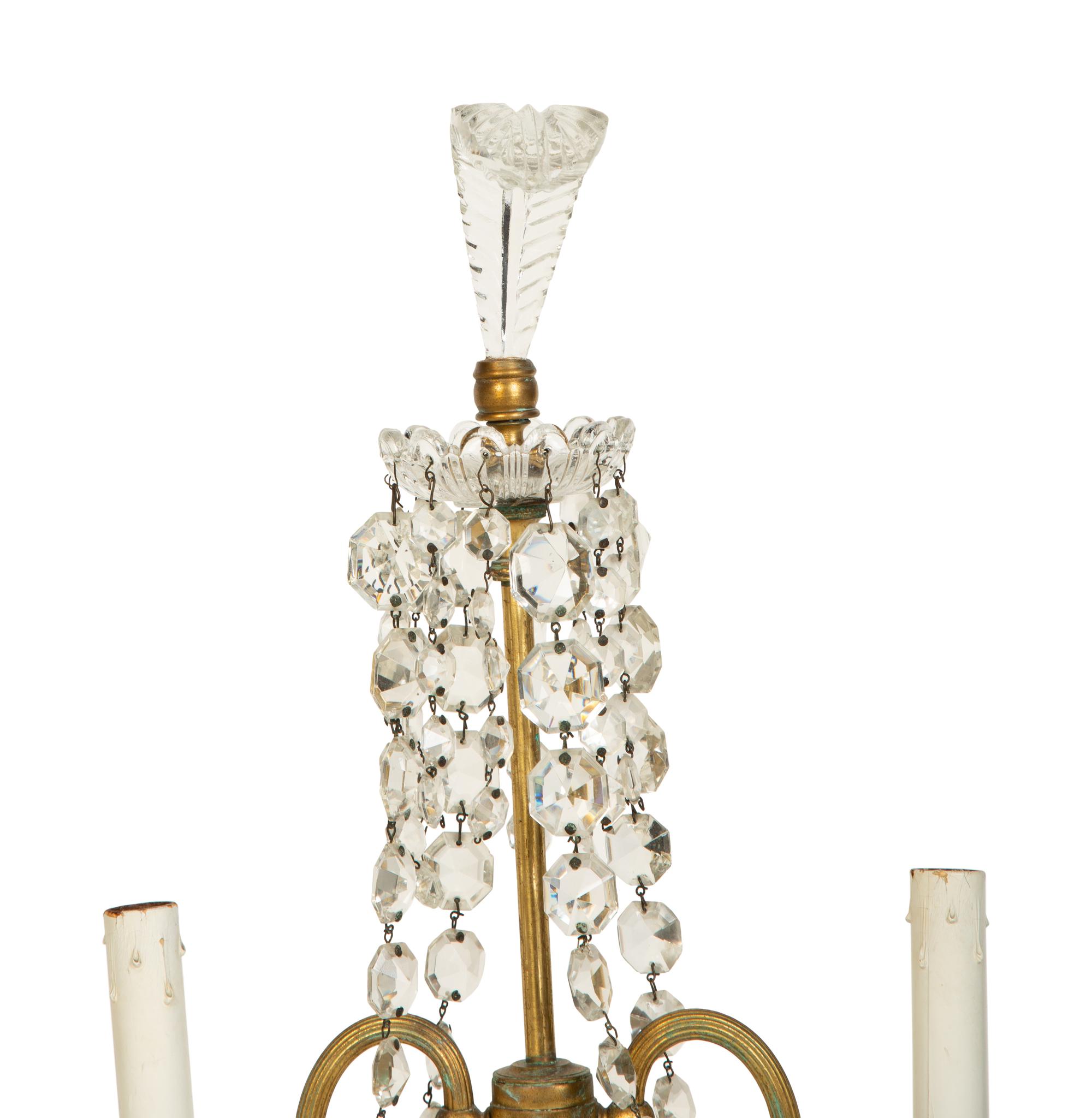 A Pair of Continental Gilt Metal and Glass Two-Light Candelabra