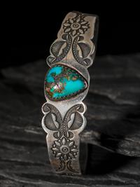 Heavily Stamped Navajo Ingot Silver and Turquoise Cuff Bracelet