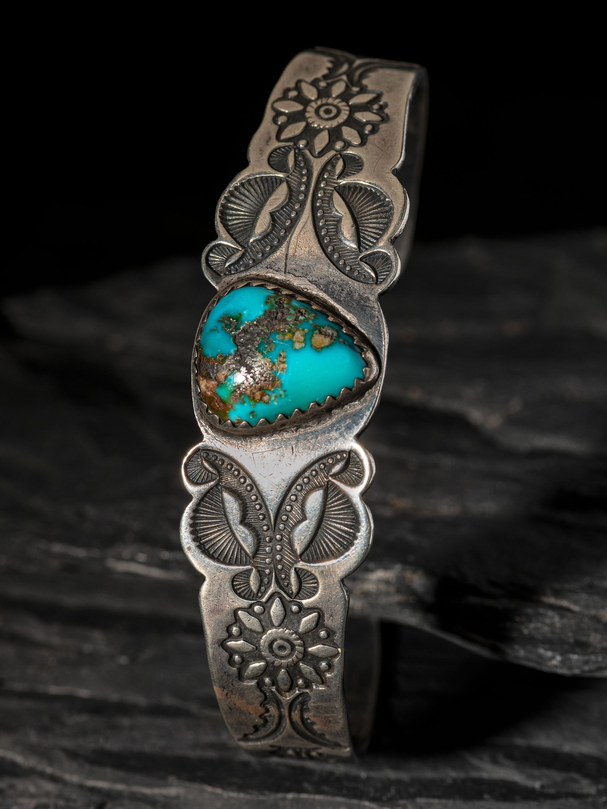 Heavily Stamped Navajo Ingot Silver and Turquoise Cuff Bracelet