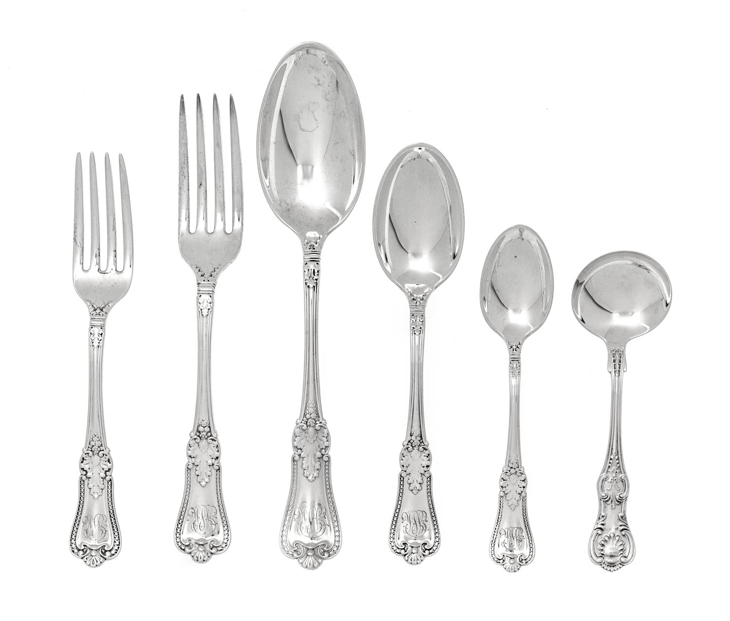 An American Silver Flatware Service, Gorham Mfg. Co., Providence, RI,, Kensington pattern, comprising: 12 dinner forks 12 salad forks 1