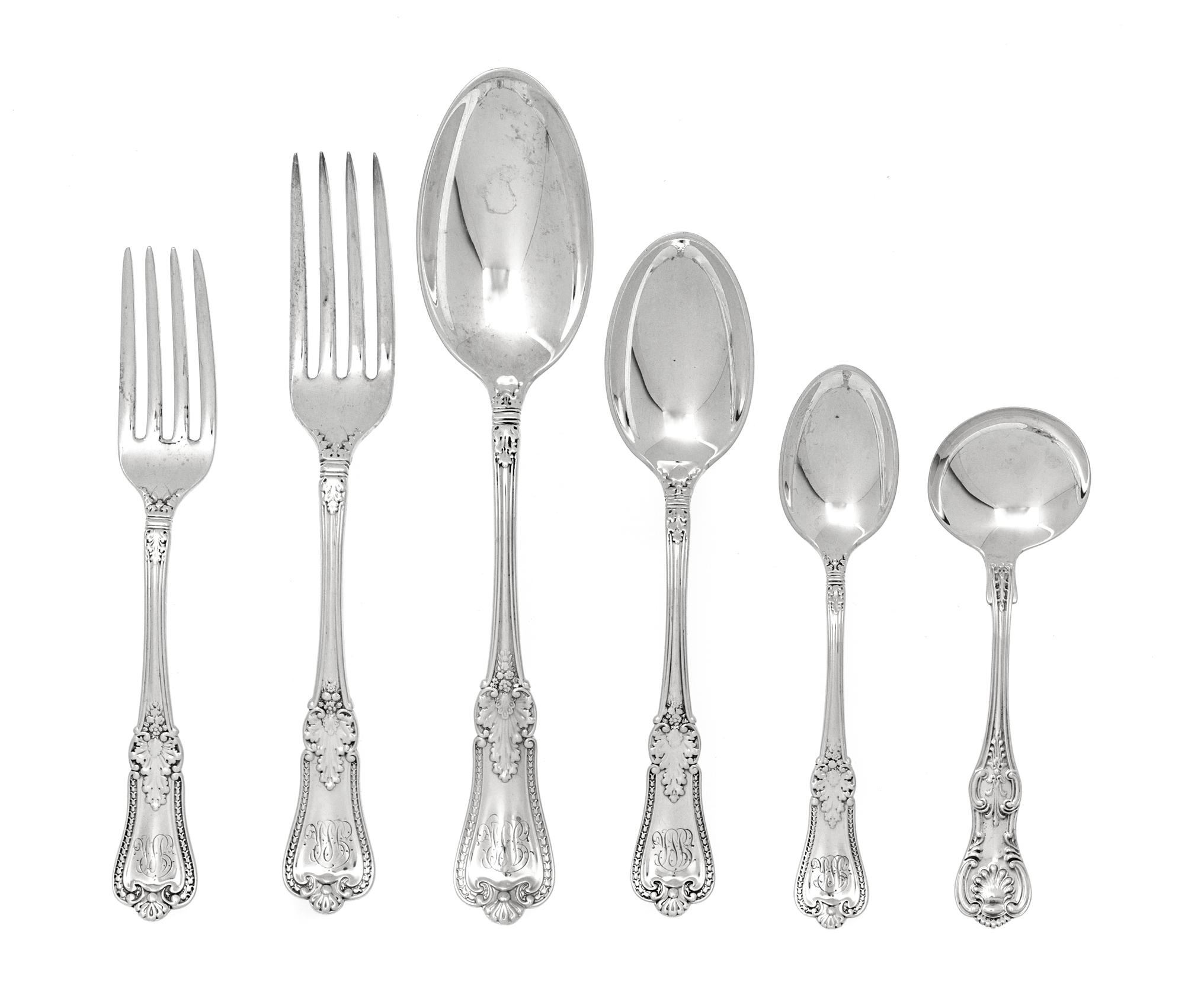 An American Silver Flatware Service, Gorham Mfg. Co., Providence, RI,, Kensington pattern, comprising: 12 dinner forks 12 salad forks 1