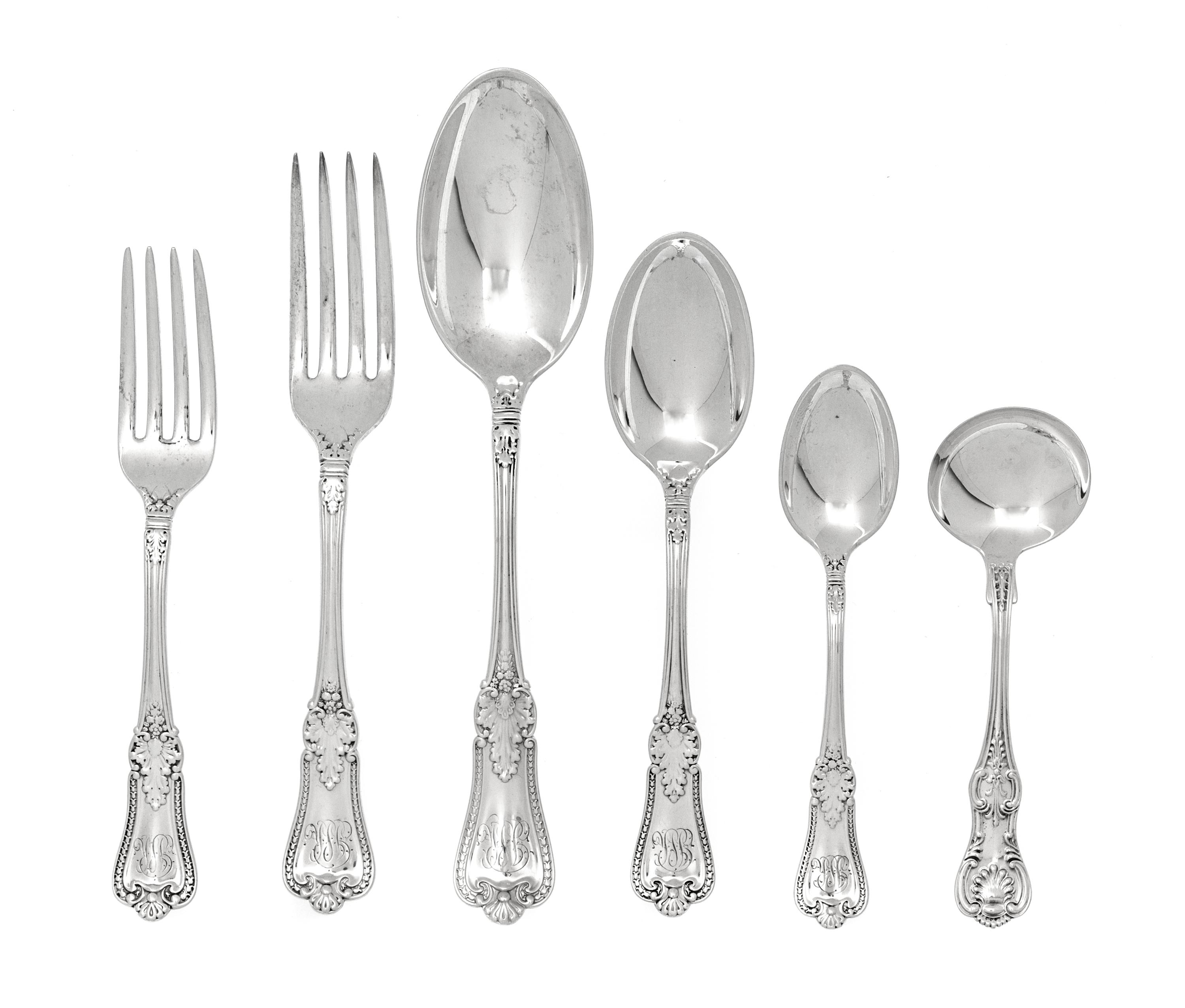 An American Silver Flatware Service, Gorham Mfg. Co., Providence, RI,, Kensington pattern, comprising: 12 dinner forks 12 salad forks 1