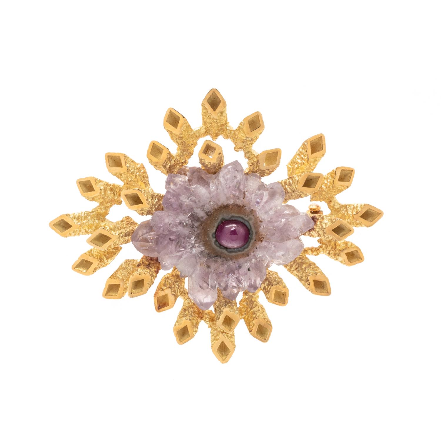 JOHN DONALD, MODERNIST, YELLOW GOLD, ROSE QUARTZ AND RUBY BROOCH