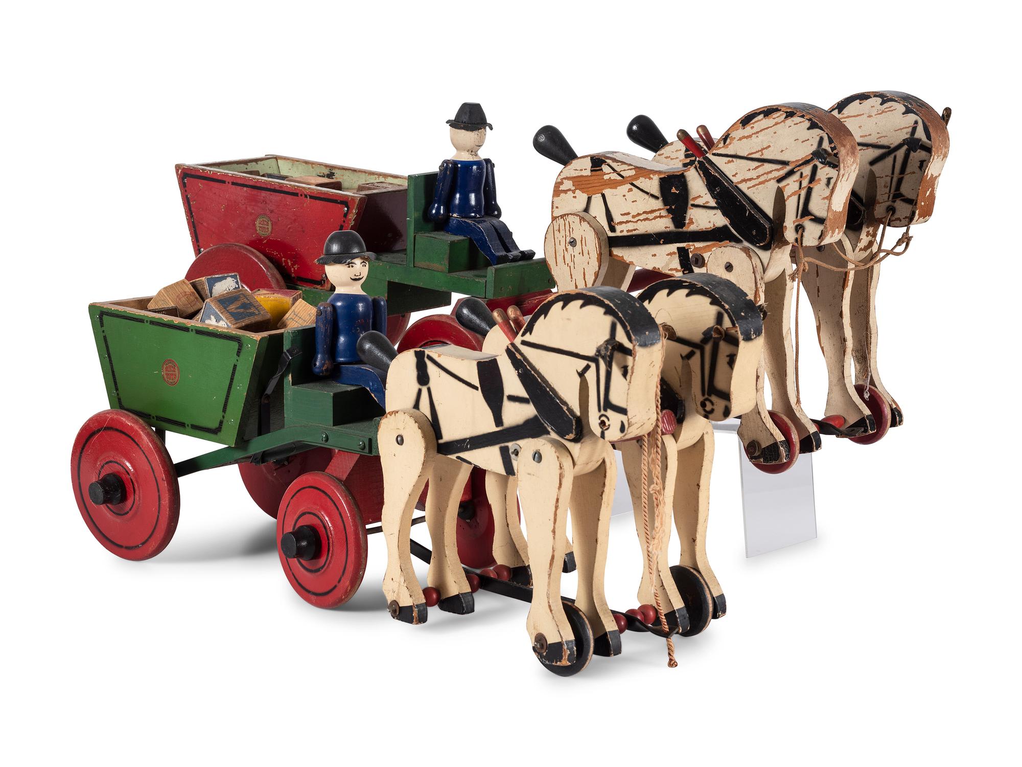 Two Carved Wood Horse-Drawn Carriages with Children's Blocks