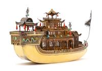 A Chinese Export Silver-Gilt and Enameled Model of a Hua Fang Ship, 20th Century, the three-tiered ship with coral and turquoise embell