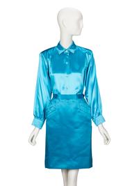 Saint Laurent Rive Gauche, Aqua Satin Skirt Ensemble